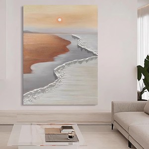ภาพวาดสีน้ำมันวาดด้วยมือ สไตล์วาบิซาบิ ภาพทิวทัศน์ชายหาดสีทองใต้แสงแดด ศิลปะตกแต่งผนังแบบไม่มีกรอบ สำหรับตกแต่งห้องนั่งเล่น - Product Image 2