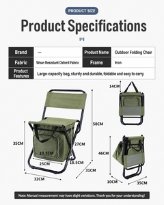 Chaise de pêche pliable portable avec cadre en fer, dossier, sac isotherme et pochette de rangement pour camping en plein air, jardin, pique-nique, voyage - Product Image 5