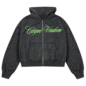 Sudadera con capucha para hombre, negra, estilo vintage, con estampado de leopardo, con cremallera, personalizada, de alta calidad, extragrande, para venta al por mayor - Product Image 1