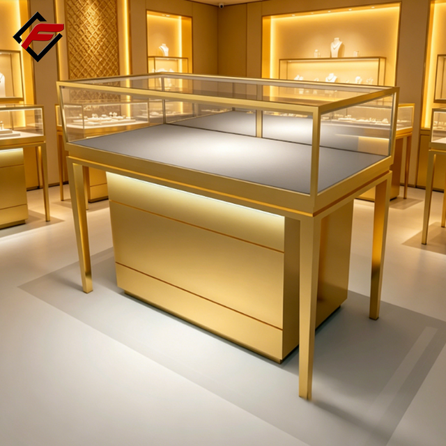 Luxury Eco-Friendly Jewelry Showcase Display Cabinet LED Light Stainless Steel Frame for Modern Store Counters Custom Glass Case