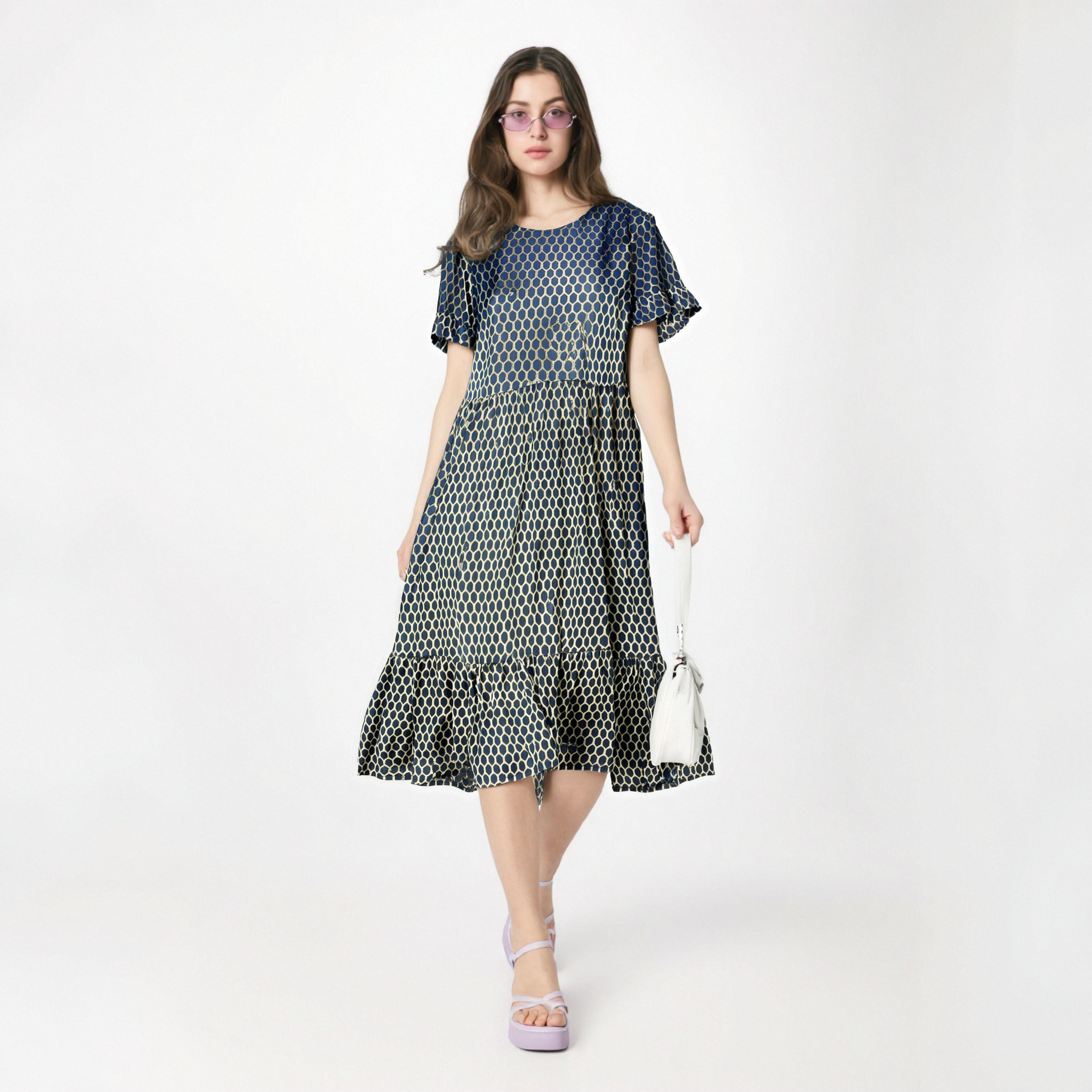 Honeycomb Design Short Sleeve Maxi Dress Casual Dresses Elegant