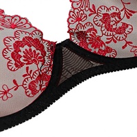 Set Lingerie Wanita Grosir, Bra Kawat dengan Renda dan Thong 2-Piece, Bordir 3D, Bahan Mesh Tipis Bernapas, Warna Merah Seksi, OEM ODM