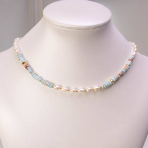 สร้อยคอจี้มุกน้ำจืดใหม่ สร้อยคอหินธรรมชาติ ชุบเงินชุบทอง สร้อยคอลูกปัด ตัวล็อคกันน้ำ เครื่องประดับ - Product Image 1