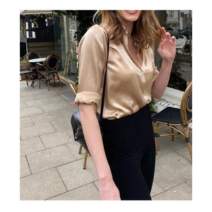 High Quality Chameuse Women's <strong>Silky</strong> White/khaki <strong>Tops</strong> and Blouses &amp; Shirts Vintage - Product Image 2