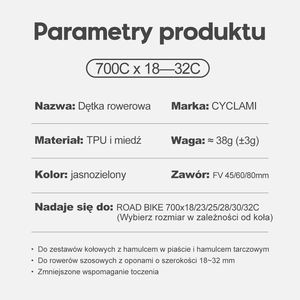 CYCLAMI 700C 超軽量 自転車インナーチューブ 38g TPU ロードサイクリング用 各サイズ対応 45/60/80mm - Product Image 3