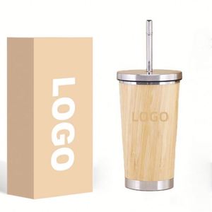 Gobelet isotherme écologique en bambou de 450 ml, double paroi en acier inoxydable, tasse de voyage à café sous vide, avec paille, résistant à l'eau bouillante, maintien au chaud 6 heures - Product Image 1