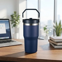 Gobelet isotherme en acier inoxydable de 20 oz, revêtement poudré, gravure laser personnalisée, avec poignée et couvercle à paille rabattable