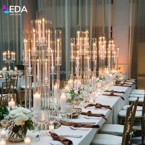 Candélabre en verre transparent LEDA de haute qualité pour événements et fêtes, 9 bras, forme droite, avec bougeoirs en cristal combinés pour mariage - Product Image 2