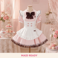 Ensemble de costumes Lolita pour femmes, robe rose douce à manches bouffantes, col avec nœud, jupe en dentelle, tablier à volants, cosplay pour fête d'Halloween