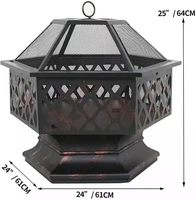 Brasero hexagonal en acier pour bois, avec couvercle en maille ignifuge, revêtement poudré, portable pour patio, jardin, camping