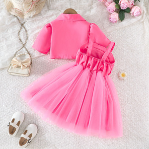 Conjunto de Vestido Formal de Dos Piezas para Niñas 2026: Blazer Estilo Pequeña Princesa + Vestido de Malla Floral Tridimensional, Poliéster Flame - Product Image 2