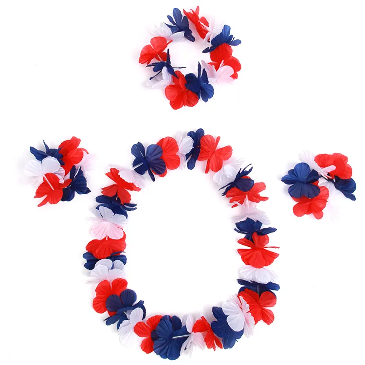 Drapeau de pays chaud couleur fleur en tissu en plastique leis Hawaii collier et bandeau ensemble pour les fans de football partisan