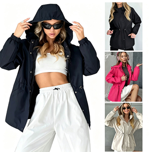 <strong>Women</strong> Casual Solid Hooded Drawstring Waist Waterproof Windbreaker Jacket Outdoor Loose Long Sleeve <strong>Lightweight</strong> <strong>Coat</strong> - Product Image 1