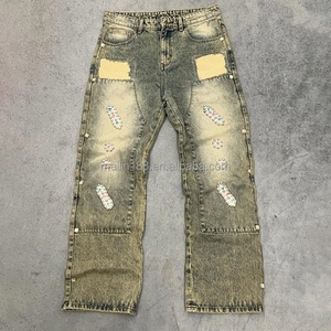 Fabricant de jeans pour hommes sur mesure, jeans baggy à taille haute, style streetwear, jeans en denim vintage avec strass - Product Image 1