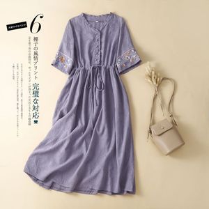 Women's Embroidered Cotton Linen <b>Dress</b> V-Neck Short Sleeve <b>Elastic</b> Waist Loose Fit Daily Wear Orange - Product Image 3