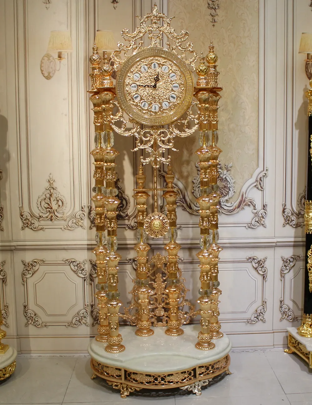 Relógio luxo dourado bronze avô, relógio de luxo, cristal royal, relógio de chão antigo