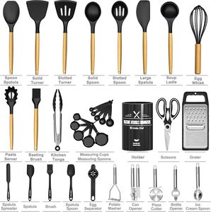 Set di 34 Utensili da Cucina in Silicone, Resistenti al Calore, con Porta Spatole e Manici in Legno Nero - Product Image 3