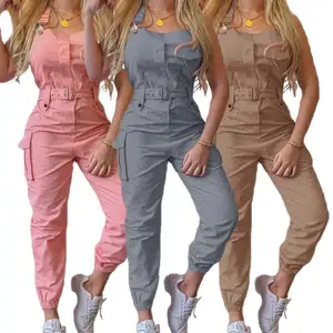 Custom Ladies Plain Cargo Jumpsuit Casual Overalls WomenOne Piece Outfits Plus Size Pocket Belt Women Jumpsuit