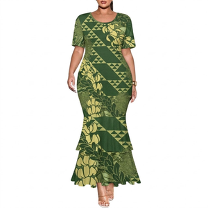 Abito Lungo da Donna Plus-Size con Stampa Polinesiana Personalizzata, Elegante Collo Tondo e Orlo Asimmetrico con Volant - Product Image 5