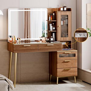 Modern Large Makeup Vanity <strong>Table</strong>, LED Light HD Mirror, Charging Station, <strong>Walnut</strong> <strong>Dressing</strong> Desk with 5 Drawers and Storage Shelves - Product Image 1