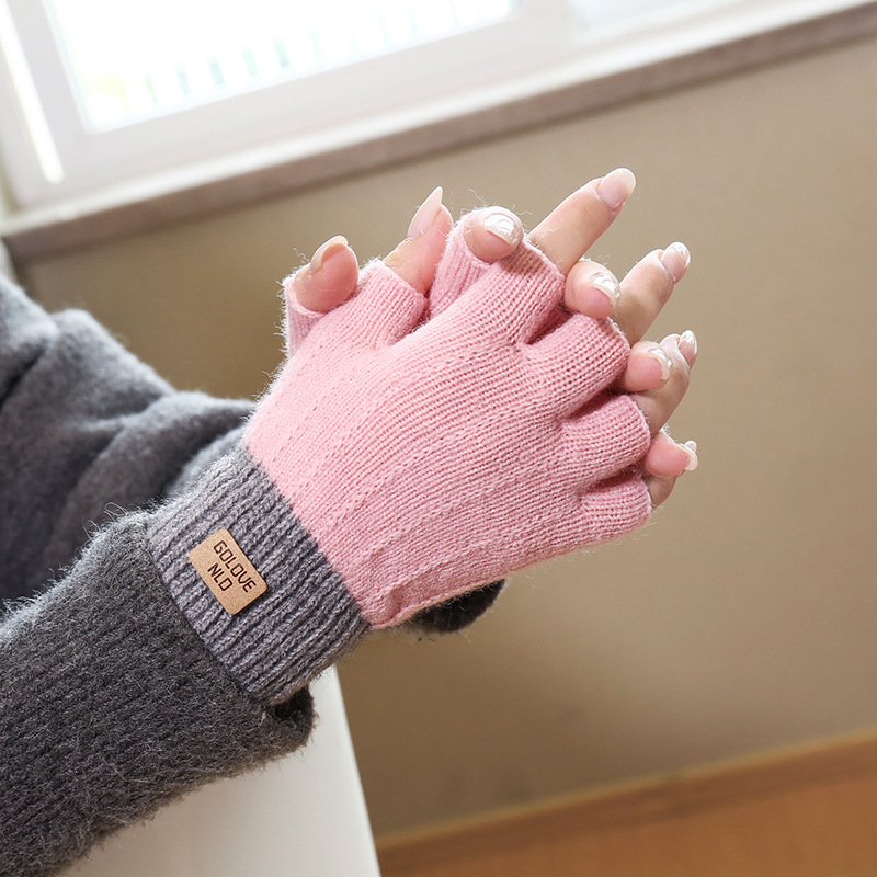 ถุงมือครึ่งนิ้วขนแกะอัลปาก้า - สีชมพู