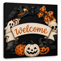 Dunkler Gothic-Halloween-Kranz, Wandkunst-Druck auf Leinwand, schwarzer Hintergrund, gruselige rustikale Bar-Eingangsbereich-Feiertagsdekoration