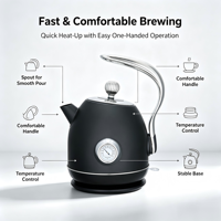 Bouilloire électrique rétro de style européen 1,8 L 1500 W en acier inoxydable avec contrôle de température pour la maison et la cuisine