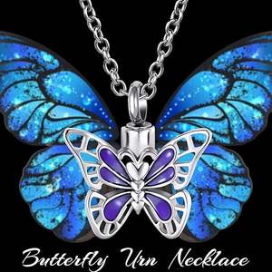 Collier personnalisable avec urne commémorative pour cendres d'animaux de compagnie, motif papillon violet - Product Image 1
