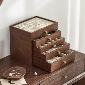 Boîte à bijoux en bois de noyer noir personnalisée, grande boîte organisatrice à tiroirs pour femmes avec couvercle en verre pour colliers, montres, bagues, boucles d'oreilles - Product Image 1