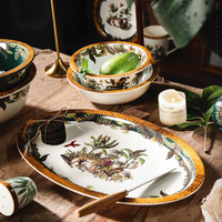 Vente en gros LovingHome, ensembles de vaisselle en porcelaine fine de luxe, motif feuilles vertes, compatible lave-vaisselle/micro-ondes/four