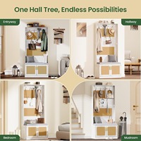 Banc d'arbre de hall de ferme blanc rustique armoire à chaussures étagère réglable et crochets pour le rangement de l'entrée