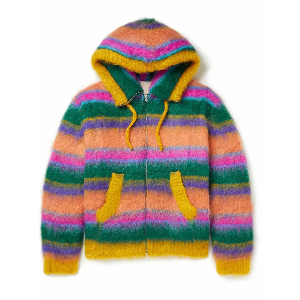 2023 Custom LOGO Mohair hoodies men Sweater Long Sleeve knitwear Fuzzy Knitted Striped mohair hooded cardigan knit sweater