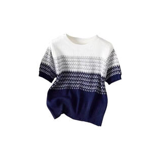 Top de Punto a Rayas Degradado para Mujer, Manga Corta, Cuello Redondo, Suave, Spandex/Algodón, Moda de Verano, Jersey Fino Formal, Gris Azul Verde - Product Image 5