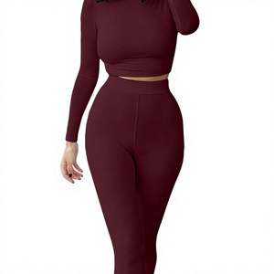 Ensemble 2 pièces pour femmes, haut court en tricot, leggings longs, couleur unie, spandex, polyester, décontracté, toutes saisons, coupe ajustée, ensembles pour femmes - Product Image 5