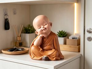 Linda estatua de resina de pequeño <span class=keywords><strong>monje</strong></span>, figurita de Buda bebé tímido y risueño para decoración zen de mesa o salpicadero de coche, regalos artesanales de resina. - Product Image 5