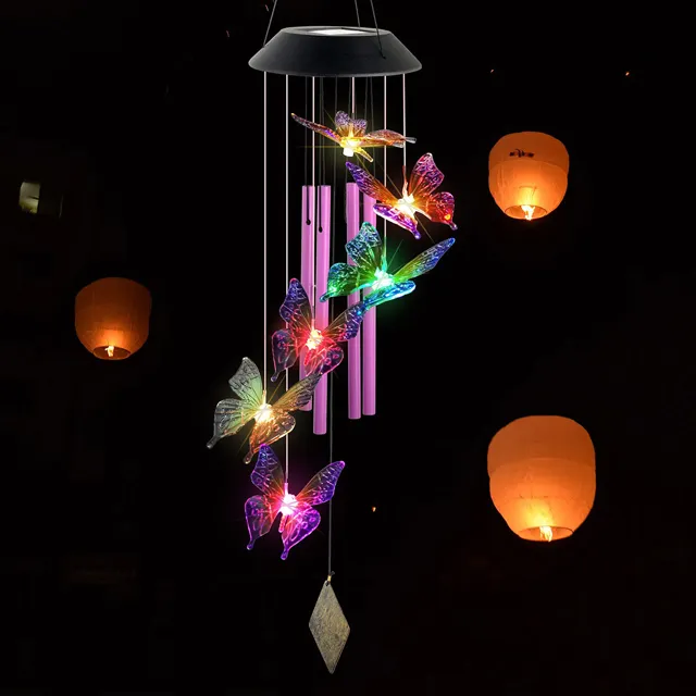 Hot sale garden decor lights christmas butterfly lights outdoor led color changing solar wind chime light and Garden Land