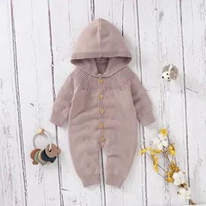 थोक 100% ऑर्गनिक कॉटन बेबी रोम्पर बुना हुआ शरद ऋतु सर्दियों के हुड जम्पसूट लंबे आस्तीन वाले बच्चे के कपड़े एक टुकड़े