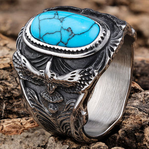 Anillos de Hombre de Moda al por Mayor, Personalizados, de Acero Inoxidable 316L, Chapados en Oro de 14k y 18k, con Turquesa, Estilo Vintage - Product Image 3