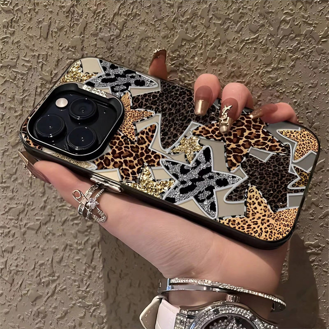 New Black Brown Leopard Print Silver Gold Glitter Stars Phone Case for iphone 17 16 15 14 Pro Max English Lens Large Pore Cover