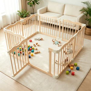 Parc de jeu pour bébé en bois Montessori, écologique, sûr et durable, avec panneau de porte, pour chambre/salon - Product Image 2