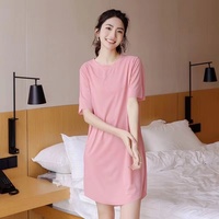Nouvelle Robe de Nuit Décontractée Femme en Soie Glacée, Manches Courtes, Coupe Ample, Style Trapèze, Couleur Unie, Été