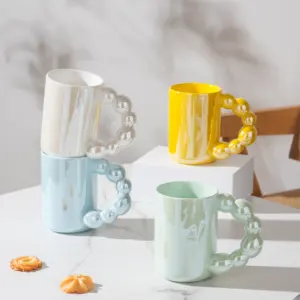 Ins Popular Colorful Pearl Glaze Milk Coffee Porcelain Cup Ceramic Bubble Pearl Handle Mugs