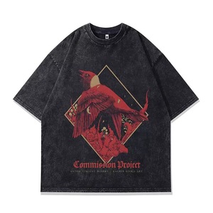 T-shirt Oversize Nera Effetto Lavato Stile Retrò |   Stampa Gotica con Corvo e Teschio d'Aquila |   T-Shirt Unisex Streetwear - Product Image 4