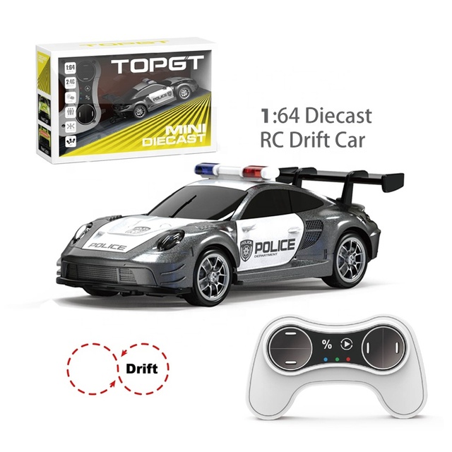 Wholesales 2.4Ghz 1/64 Scale Diecast Alloy Speed Adjustable Mini Remote Control RC Drifting Police Race Car Toys with Lights
