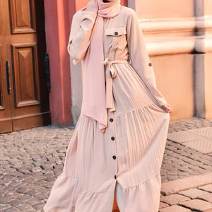 Leduo Customized Muslim Women Floor Length Dress Elegant Pleated Long Sleeve Down Abaya Dress With Belt - Product Image 1