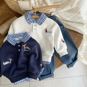Set Felpa con Cappuccio e Pantaloni in Cotone per Ragazzi, Nuovo Stile Primavera/Autunno 2025, Due Pezzi con Motivo <span class=keywords><strong>a</strong></span> Quadri e Cartoni Animati - Product Image 1