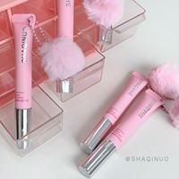 SHAQINUO Velvet-Touch Flyaway Taming Balm Tabung Pink Lucu dengan Aksesoris Pom Pom dan Sikat Terintegrasi Krim Penata Rambut Tidak Lengket