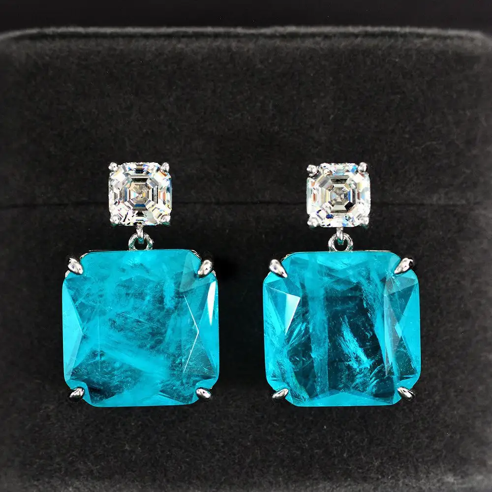 S925 plata pura corte esmeralda lujo Paraiba turmalina gema alto carbono diamante pendientes colgantes