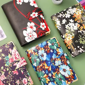 Carpeta de cuaderno con estampado de flores A6, carpeta creativa de cuero PU para presupuesto en efectivo A6 con sobre con cremallera