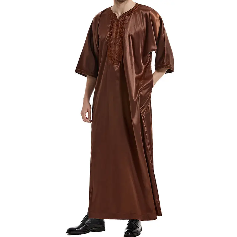 イスラム服刺Embroideryサテンローブアラブジュバポケット付きイスラム教徒サウジアラブドバイトーブアバヤ男性服